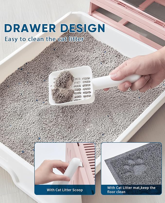 Medario Cat Litter Box with Litter Mat and Scoop, Large Covered Litter Box with Lid, Enclosed Kitty Box, Front Entry Top Exit, Odor Control, Easy to Clean (Pink)