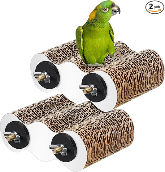 CroBlissful 2-Piece Bird Platforms for Macaws, Small Parakeets, Conures, Budgies; Brown Corrugated Paper; Bird Perch, Chew Toy, & Playground