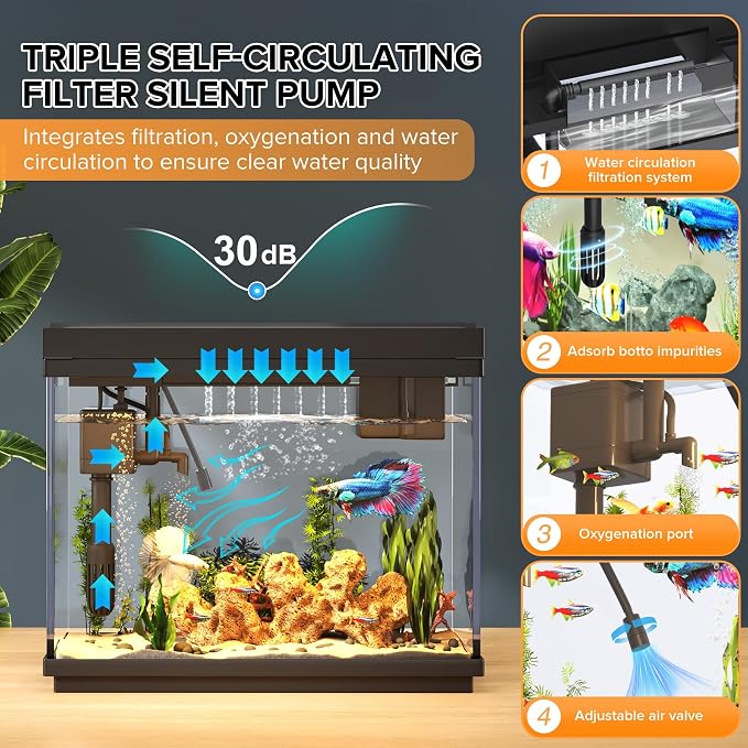 Vehipa 2.4 Gallon Fish Tank Aquarium Starter Kit | with Heater, Heater, 7-Color Light, 3-in-1 Quiet Pump for Betta, Guppy