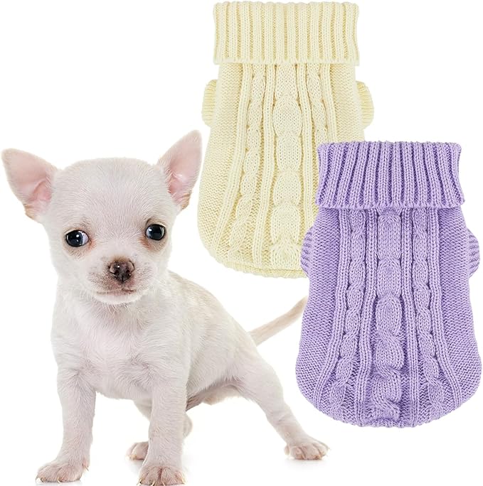 2 Pack Dog Sweaters for Small Dogs, Chihuahua Yorkie Sweater, Puppy Clothes Winter Warm Pullover Clothing, Pet Cat Cold Weather Puppy Cold Outfits (Beige+Purple X-Small)