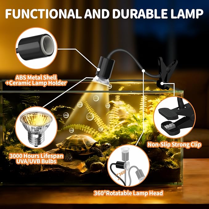 GOZILLA Reptile Heat Lamp, Turtle Lamp with 360° Goose Neck Rotatable Timing & Dimming Cycle Timer, 25W+50W UVA/UVB Reptile Light Bulbs for Reptiles and Amphibian Tanks, Terrariums and Cages.(Black)