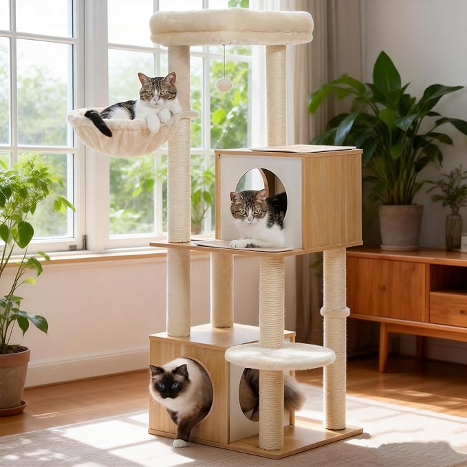 PAWZ Road Large Cat Tree, 51 Inches Wooden Cat Tower with Double Condos, Spacious Perch,Soft Hammock and Totally Wrapped Sisal Posts for Large Indoor Cats-Beige