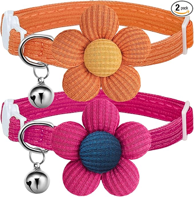 Cat Collar, HANSHILAI Kitten Collar with Bells, Cute Cat Collar Breakaway for Girl Boy with Flower,Collar para Gatos (2 Pack) (Orange & Rose Red)
