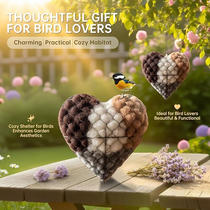 Handmade Alpaca Fiber Bird Nesting Heart, Refillable Nesting Material Accessory for Wild Birds, Outdoor Garden Decoration, Gift for Bird & Nature Lovers, Hummingbird Nesting Material (2 set)