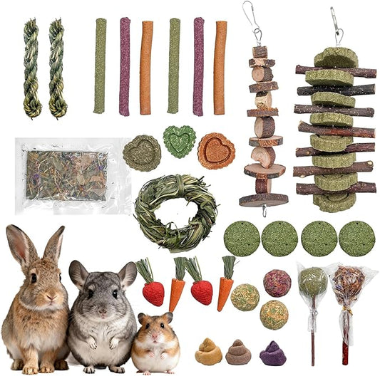 Rabbit Chew Toys, Toys for Guinea Pigs & Hamsters - Natural Chew Sticks & Balls Set for Small Animals, Dental Care Treats for Chinchillas, Bunny - 20+ Toys for Teeth Health (32 Pieces)