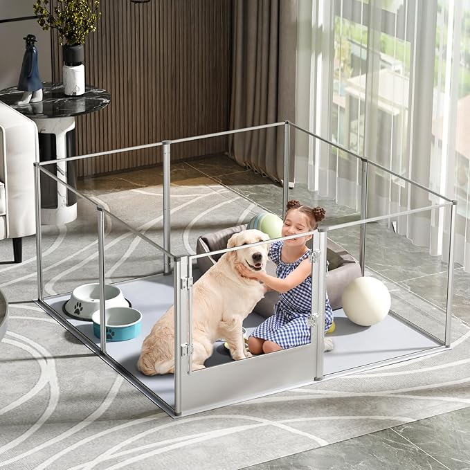 BingoPaw Clear Dog Playpen Fence: 32” Extra Tall Indoor Doggy Acrylic Pen Made by Metal Frame - 52”x52” Transparent Pet Whelping Box with Waterproof Bottom