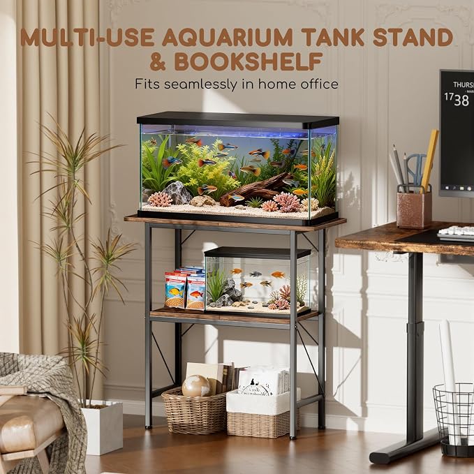 10-30 Gallon Fish Tank Stand with Storage Shelves, 2-Tier Aquarium Stand with Metal Frame, Heavy Duty Reptile Turtle Tank Stand for Home Office, 30" L x 11.8" W x 30.5" H, Rustic Brown