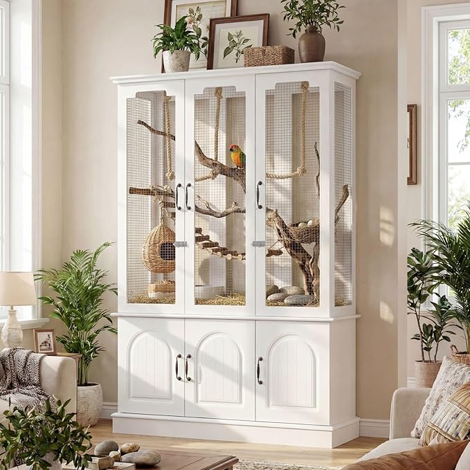 70.8" Tall White Bird Cage with Storage Cabinet, Large Flight Parrot Cage with Lock and 4-Sided Metal Mesh Design, DIY-Friendly, 47.2" Wide Bird Cages for Parakeets, Cockatiels, Finches