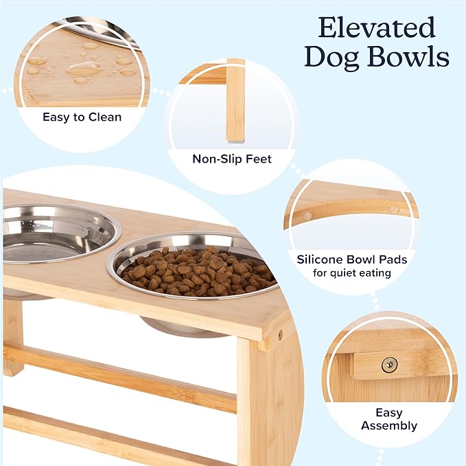 Elevated Dog Bowls - 10-Inch Tall Bamboo Raised Dog Bowl Stand with Nonslip Feet - Comes with Two 45oz Removable Dishwasher Safe Stainless Steel Pet Bowls - Puppy Essentials by PETMAKER