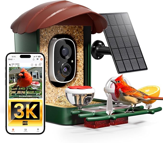 HEAPETS Bird Feeder with Camera Solar Powered, 3K HD Video, AI Bird Recognition, Auto Capture with Instant Notifications, IP65 Weatherproof, Gifts for Seniors Bird Watchers, Brown