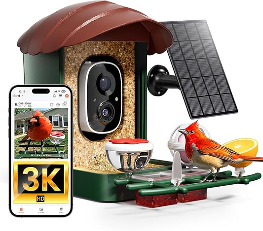 HEAPETS Bird Feeder with Camera Solar Powered, 3K HD Video, AI Bird Recognition, Auto Capture with Instant Notifications, IP65 Weatherproof, Gifts for Seniors Bird Watchers, Brown