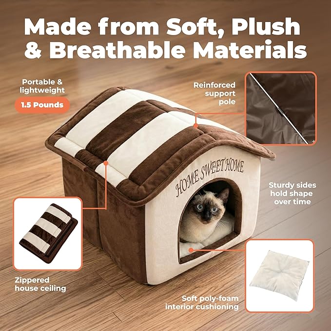 Best Pet Supplies Cat Bed for Indoor Cat, Domed Tent House with Removable Pillow, Covered Cat Cave for Small Dog, Puppies and All Breeds of Cats - Beige w/ Brown Stripes, 16 x 16 x H:14"