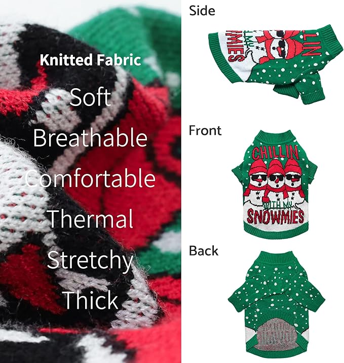 Fitwarm Chillin with My Snowmies Dog Ugly Christmas Sweater, Winter Dog Clothes for Small Dogs Girl Boy, Pet Holiday Sweatshirt, Xmas Snowman Outfit, Green, Red, White, Small