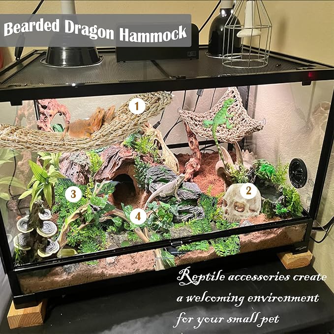 kathson Bearded Dragon Terrarium Skull Decoration, Reptile Tank Habitat Resin Human Skulls Hide Cave Hanging Vines Plants Accessories for Lizards Tortoise Chameleon Spider Reptiles Amphibians(4 PCS)