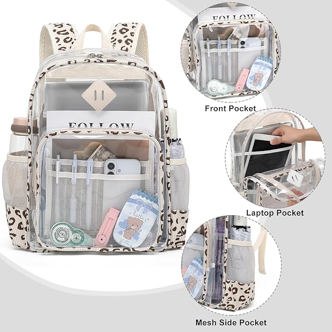 Clear Backpack for Girls Women School Bookbag Heavy Duty Transparent Backpacks (Beige Corduroy Leopard)