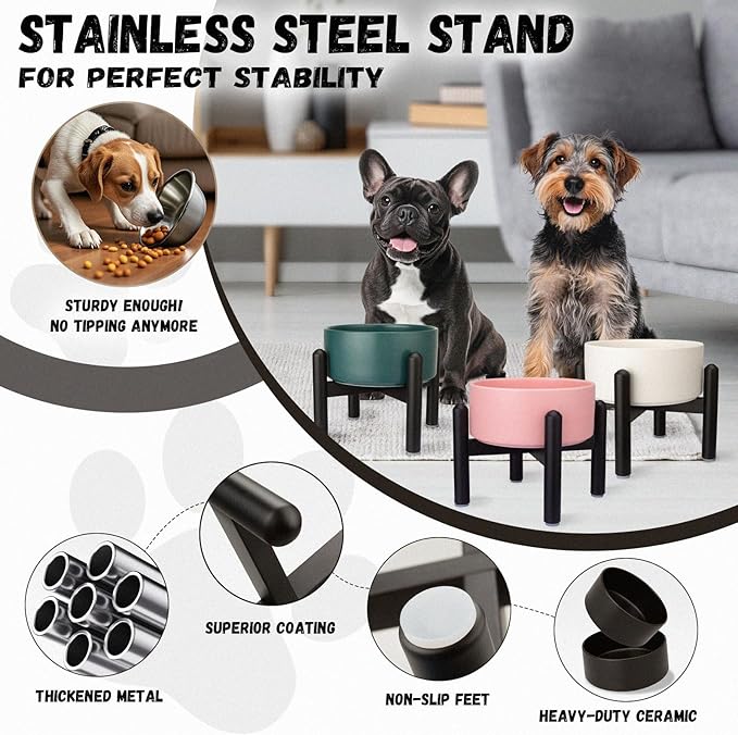 Raised Ceramic Dog Bowl - Elevated Food Water Dish with Stainless Steel Stand - for Small to Medium Dogs - 6 Inch - 2 Cups (28.75 fl oz) - Pink