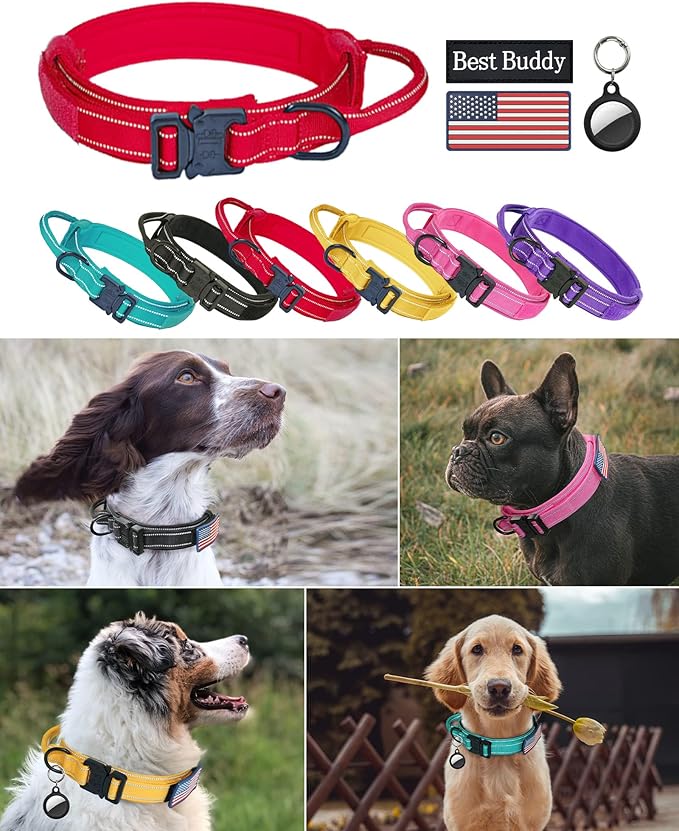 AUBELL Reflective Tactical Dog Collar,Adjustable Military Heavy Duty K9 Collars with Handle and Quick Release Metal Buckle Great for Extra Large Dogs, with Airtag Case and 2 Patches (Red,XL)