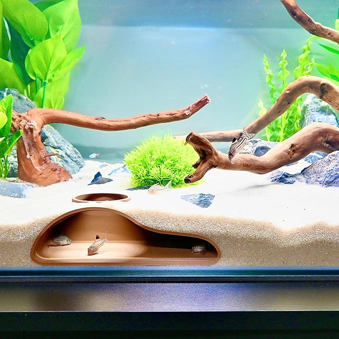 Aquarium Underground Tunnel Cave Natural Curve | Viewing Fish & Shrimp Under Gravel Tunnel | Fish Tank Decor Decoration Hideout Perfect for Corydora Catfish, Kuhli Loach, Pleco (Brown)