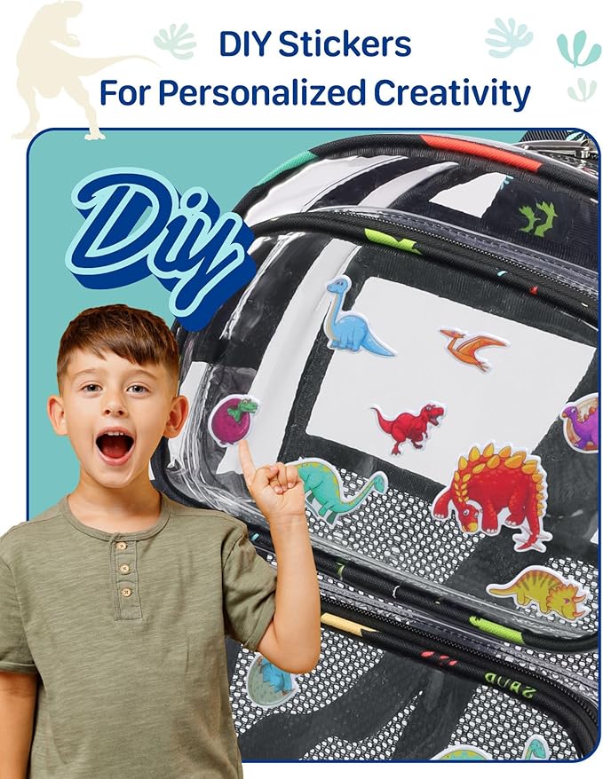 Bagseri 2pcs Clear Backpack for Boys - 15 Inch School Bag with Matching Pencil Case, Heavy Duty Transparent Bookbag for Kindergarten to Grade 2, Fits Folders, Black Dinosaur