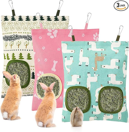 UPINS 3Pcs Hay Bag for Rabbits - 2-Hole Guinea Pig Hanging Hay Feeder for Rabbits, Chinchillas, Hamsters & Small Pets