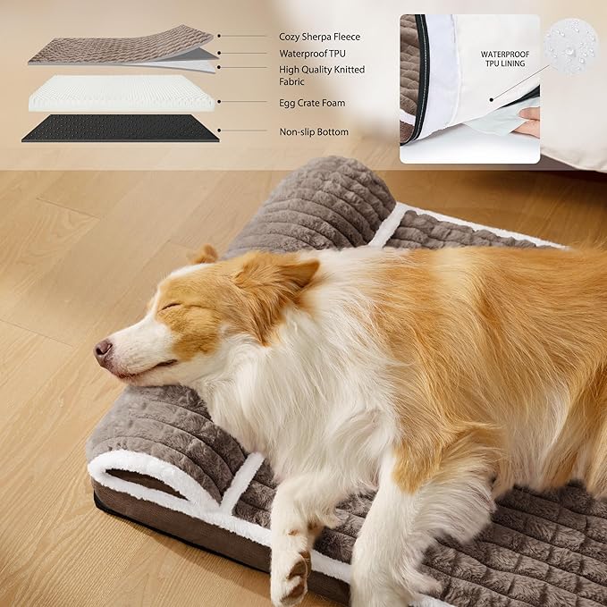 Orthopedic Jumbo Dog Bed Large Sized Dog with Pillow 56''X40'' Waterproof Soft Comfortable Egg Crate Foam Pet Crate Beds Mat with Removable Washable Cover and Non-Slip Bottom, Taupe