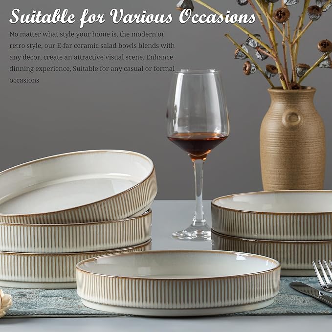 E-far Pasta Bowls Set of 6, 35oz Large Salad Bowl Plate for Dinner Serving, Wide & Shallow Ceramic Stoneware Pasta Plates, Microwave & Dishwasher Safe, Reactive Glaze Textured Stripes, Creamy Beige