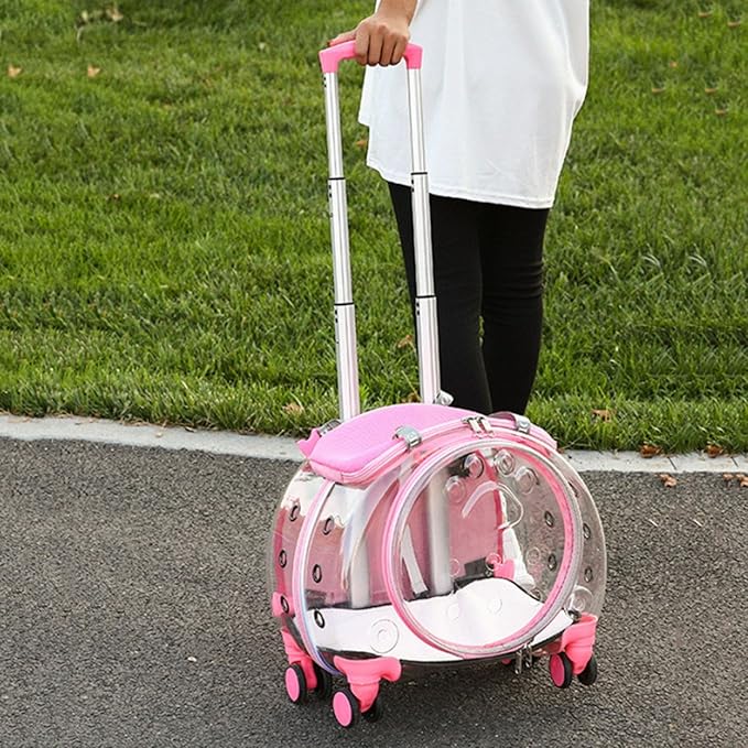 Cat Carrier with Silent Wheels Telescopic Handle, Transparent Bubble Cat Carrier, Pet Trolley Case with Clear Ventilation Holes, Portable Cats Dogs Backpack, Pet Rolling Carrier Bag for Hiki
