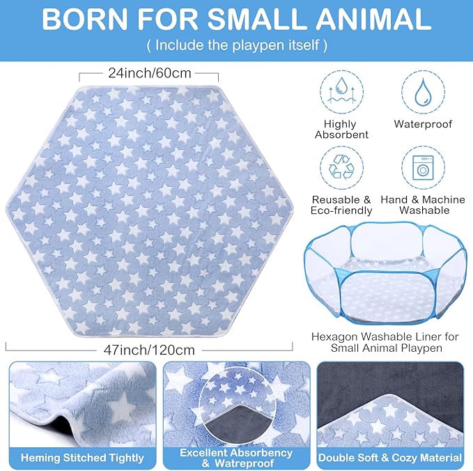 VitalCozy Hamster Playpen with Mat Small Animal Cage Tent Breathable Transparent Guinea Pig Playpen Waterproof Portable Yard Fence Mat Foldable Exercise Playpen Outdoor Indoor (Blue,Star)