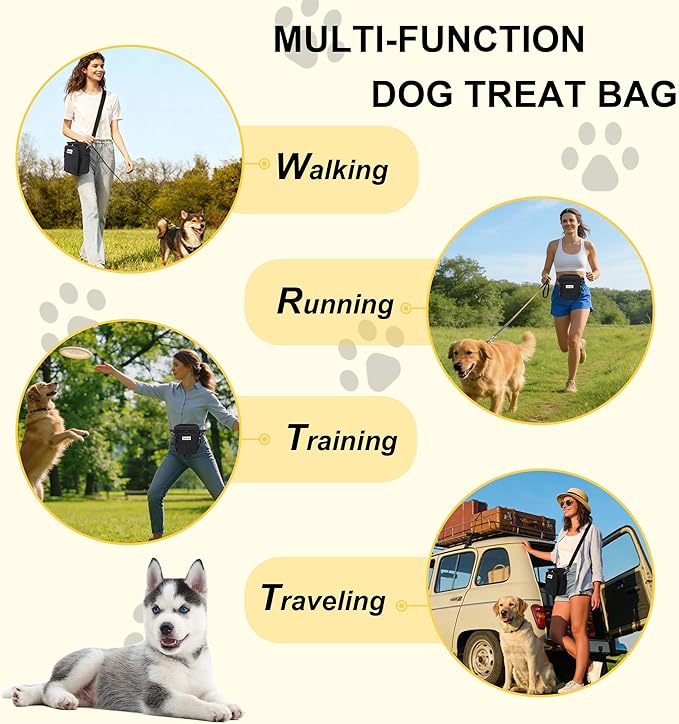 Dog Treat Pouch Open Top for Quick & Spill-Proof Access, Removable Pouch|Poop Bag Dispenser|3 Ways to Wear, Dog Treat Bag - Collapsible Bowl, Training Clicker & Poop Bag for Training & Walking-Black.