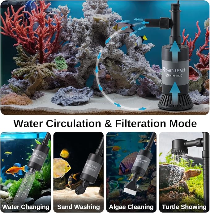 SainSmart XpertMatic Aquarium Gravel Cleaner, 528GPH/28W Powerful Fish Tank | Adjustable Water Flow Aquarium Cleaner Kit, Electric Gravel Vacuum for Sand Washing and Water Changing