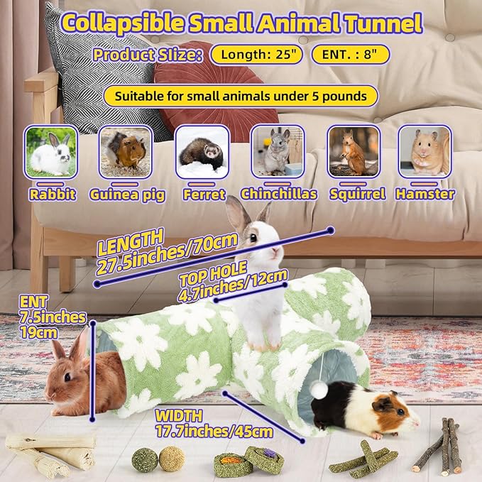 Bunny Tunnels & Tubes Collapsible 3 Way Rabbit Hideout with 13pcs Toys for Bunny Guinea Pig Hamster Chinchilla Hedgehog Rat Ferret Kitten (Flannel Flower)