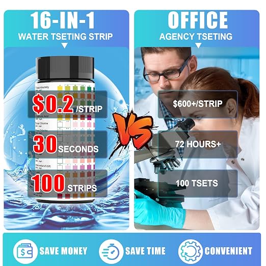 100 Strips 16 in 1 Well Water Testing Kits for Drinking Water | Well, Tap and Drinking Water Test Kit, Water Test Strips with Hardness, pH, Lead, Iron, Copper, Chlorine, and More
