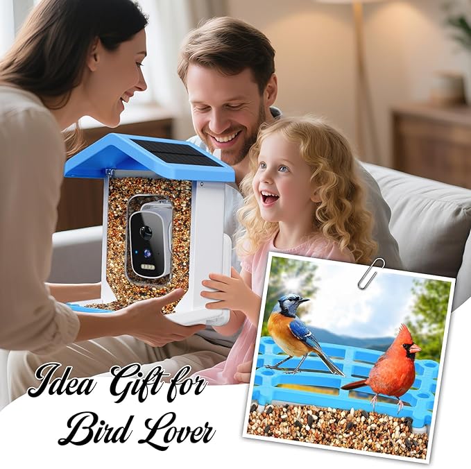 Smart Bird Feeder with Camera, AI Bird Species Identification Solar Powered Panel, 2.5k HD Video Bird House with Camera for Outside Garden, Ideal Gifts for Lover, Valentine's Day, Blue