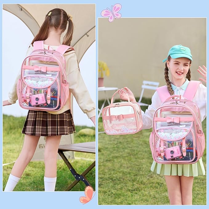 Clear Backpack for Girls and Boys 2PCS Heavy Duty Bookbag Stadium Approved Daypack Transparent School Bag See Through Backpacks for Kids Elementary,Students,College,Teens,Concert,Sports Pink