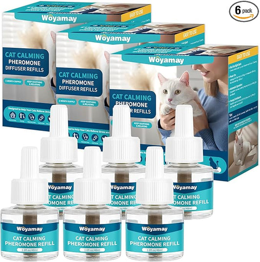 Woyamay Cat Calming Diffuser Refills - 6 Pack Cat Pheromones Calming Diffuser for Cat Anxiety Relief, Cat Pheromone Diffuser, 180 Days Pheromone Diffuser to Calm Cats, Fits All Common Diffuser Heads