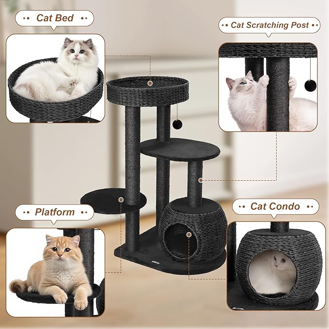 KAMABOKO Modern Cat Tree, 38" Tall Cat Trees for Indoor Cats w/Natural Sisal Scratching Posts, Hand-Woven Condo & Top Perch, Cat-Tree for Kittens Climb Play & Rest