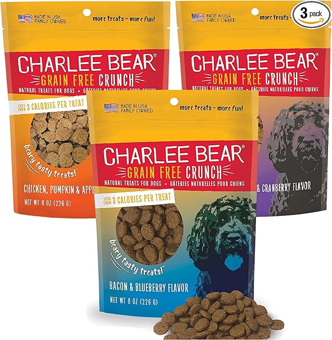 Charlee Bear Crunchy Dog Training Treats, Low Calorie (3 Kcal), Grain Free Natural Mini Dog Treats for Puppies, Small, Medium & Large Dogs, USA Made, Healthy 3 Flavor Variety Pack 8oz (3-Pack)