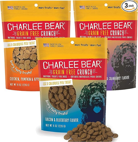 Charlee Bear Crunchy Dog Training Treats, Low Calorie (3 Kcal), Grain Free Natural Mini Dog Treats for Puppies, Small, Medium & Large Dogs, USA Made, Healthy 3 Flavor Variety Pack 8oz (3-Pack)