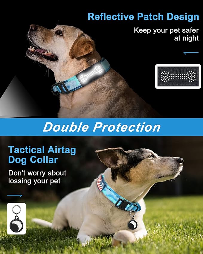 Hotsky Tactical Dog Collar, Adjustable Military Training Nylon Airtag Collar with Handle and Heavy Duty Metal Buckle for Medium Large Dogs, with Airtag Holder and Two Patches（Blue Camo,L）