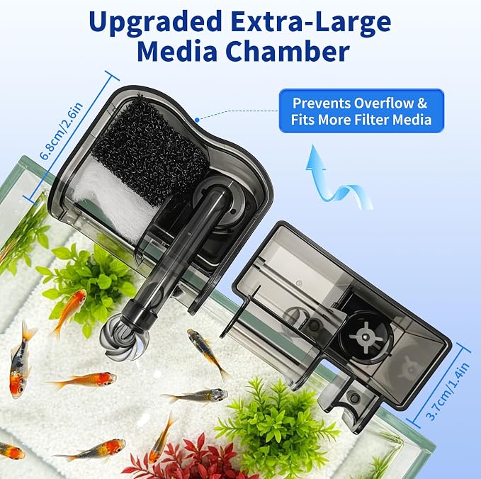 Hang On Back Aquarium Filter Up to 5 gallon Small Slim Fish Tank Filter | Oil Removal Design,Upgraded 3-Stage Filtration,Adjustable Flow Rate,USB Aquarium Filter for Betta Shrimp tanks