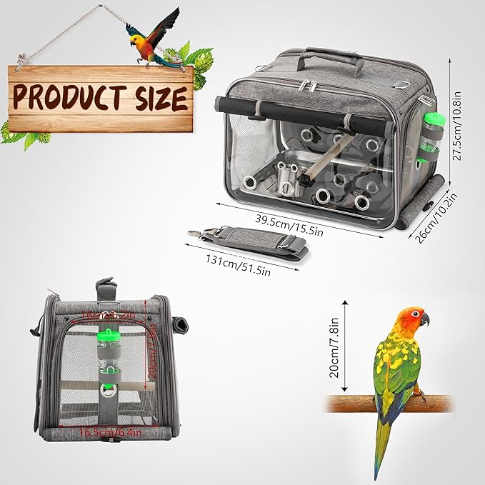 Bird Carrier Airline Approved, Bird Travel Cage with Indestructible Stainless Steel Mesh, Bird Travel Bag Lightweight and Portable with Water Bottle and Bowl