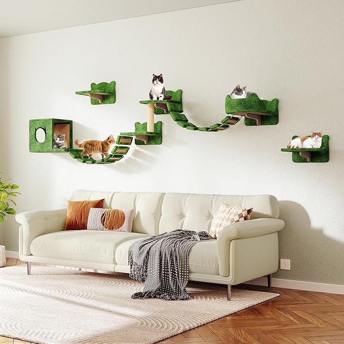 Cat Wall Shelves, Wall Mounted Cat Shelf Furniture with Plush Fabric (9 Piece Set), Cats Furniture with Condos, House, Steps, Bridge Ladder, Scratching Post, Green
