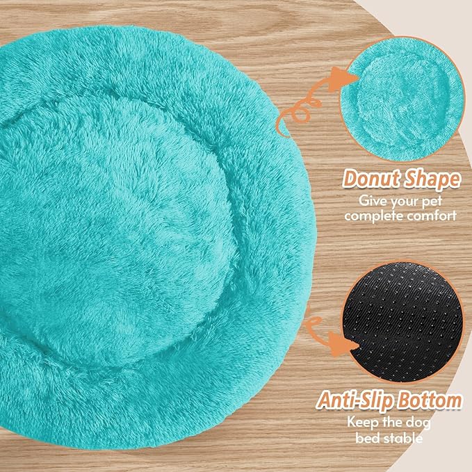 JOLLYVOGUE Calming Dog Bed for Small Dogs - 23 inches Donut Washable Small Dog Bed for Kittens & Puppies, Anti-Slip Round Fluffy Plush Faux Fur Cat Beds (Fits up to 25 lbs Pets, Aqua Blue)