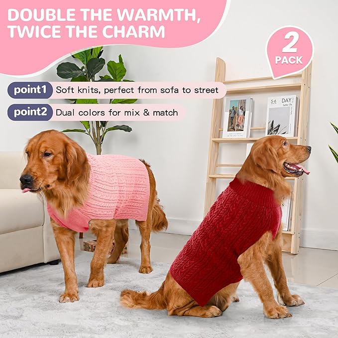 2 Pack Dog Sweaters for Large Dogs Winter Turtleneck Pullover Cable Knit Fleece Stretch Pitbull Labrador Golden Retriever Doberman Bulldog Boy Girl Pet Clothes (XL, Pink & Red)