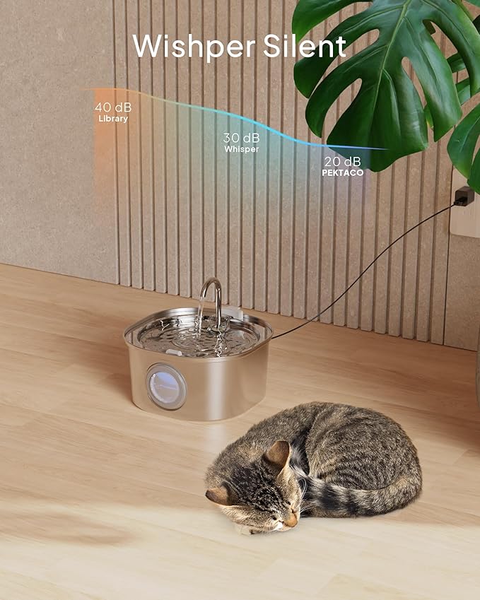 PEKTACO Stainless Steel Cat Water Fountain, 3.2L/108oz Cat Water Dispenser with Quiet Water Pump, Dishwasher Safe Pet Drinking Fountain for Cats