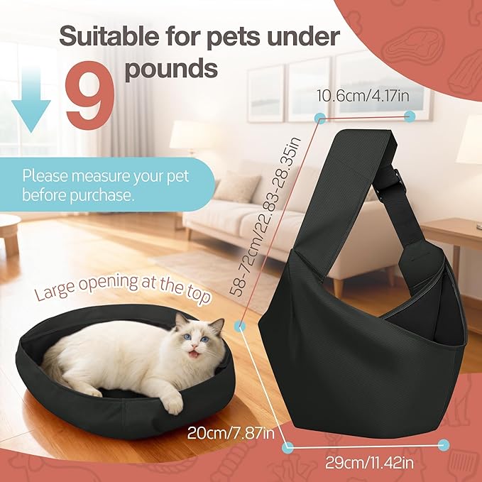 YUDODO Adjustable Dog Sling Carrier for Small Dogs Lightweight Crossbody Pet Bag with Safety Strap, Pocket Storage, Machine Washable, Comfortable Travel & Outdoor Sling up to 9 lbs Black Fashion
