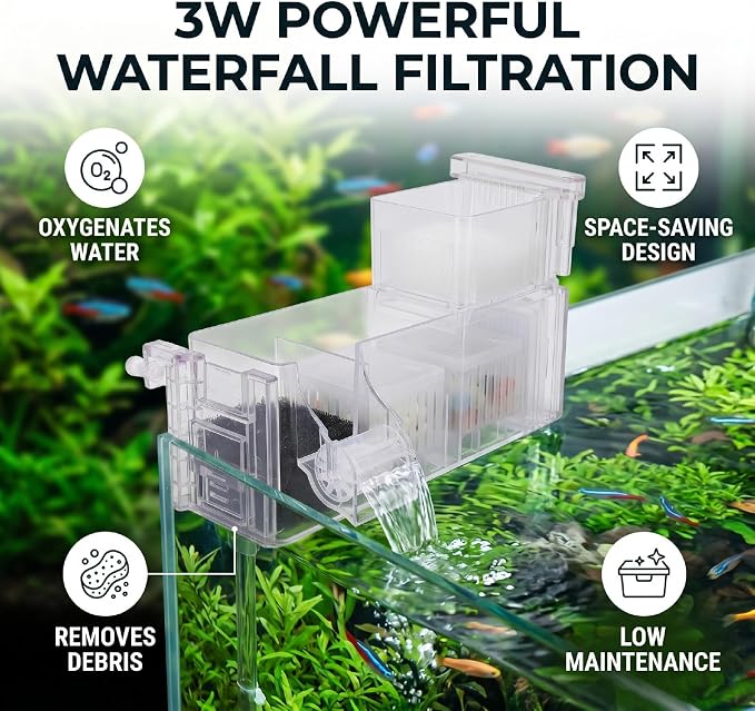 Pssopp Hanging Aquarium Filter, Space Saving Easy Installation 3W Hang On Back Waterfall Circulation Quiet Aeration for Small Nano Fish Tanks (US Plug 110V)