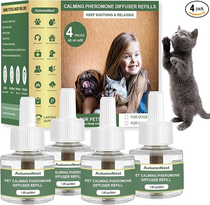 Cat Calming Pheromone Diffuser Refills, 4 Pack 48ml, Helps Relieve Cat Anxiety, Reduce Stress, Aggression, Fighting, Spraying, Scratching, Supports Cats During Vet Visits, Travel, Multi-Cat Homes