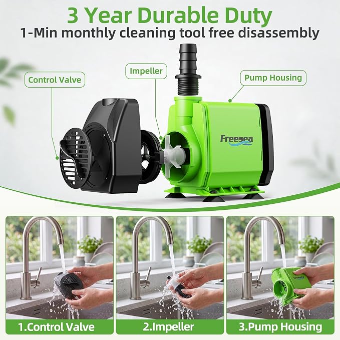 FREESEA 800GPH Small Pond Pump: Circulate 500-1200 Gallon Pond in 1-2 Hours | 24/7 Reliable Operation for Crystal Clear Water & Healthy Koi - 45W Quiet Motor with Adjustable Flow