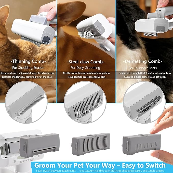 Deshedding Brush with Vacuum Suction, 5-in-1 Pet Hair Removal Tool for Dogs Cats, Cordless Undercoat Rake Removes Loose Hair, 9Kpa Pet Vacuum Cleaner for Furniture Carpet, Washable
